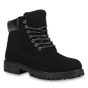 Mytrendshoe Gefütterte Damen Worker Boots Profilsohle Stiefeletten Outdoor 812184, Farbe: Schwarz, Größe: 38