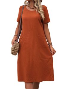 Damen Baumwolle Leinen Einfarbig Lose Rundhalsausschnitt Kurzärmeliges Blusenkleider Orange Rot,Größe Xl