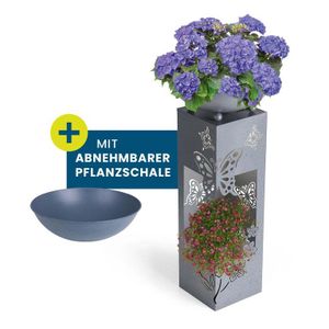 Hoberg LED Pflanzsäule 3D Blumen-Design in Beton-Optik Abnehmbare Pflanzschale drinnen und draußen geeignet Integrierte Beleuchtung 6h Timer kabellos