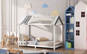 Flieks Kinderbett Spielbett Massivholz Einzelbett Hausbett mit Lattenrost und Tricolor Spleißholzlatten 90x200cm