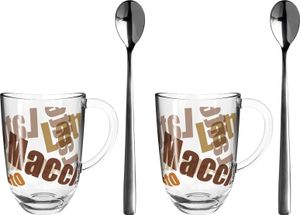 Leonardo Napoli Latte Macchiato Tassen mit Löffel und Schriftmotiv, 2 Gläser + 2 Löffel für Kaffee Heissgetränke, 380ml, Glas, 024237