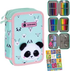 Federmäppchen 3 Fächer - Mäppchen für Jungen und Mädchen - Federmappe 3-Fach Federtasche Gefüllte Schüleretui 46-teilig - Schulmäppchen Panda