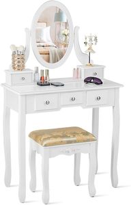 Súprava toaletného stolíka COSTWAY, toaletný stolík so zrkadlom 360° a stoličkou, kozmetický stolík s 5 zásuvkami, kozmetický stolík Čalúnený kozmetický stolík Kozmetický stolík , biely