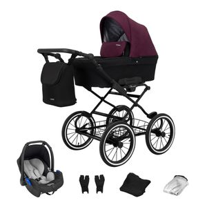 Kinderwagen ROMANTIC Babywagen Babyschale Kinder Wagen Autositz Set 1 in 1 (schwarz + weinrot, Rahmenfarbe: schwarz Rahmen)