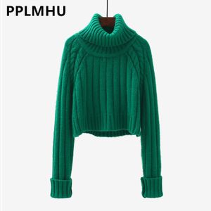 Grüner, kurz geschnittener Pullover, Winter-Rollkragenpullover, Pullover, Oberteile, lässig, langärmlig, gestrickt, warmer Pullover, weiche Sueters