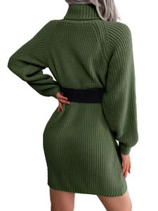 Damen Longpullover Herbst Langarm Minikleider Lustiges Sweatkleid Gürtel komfortabel, Farbe: Armeegrün, Größe: S
