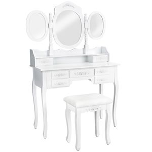 toaletní stolek tectake se 7 zásuvkami, zrcadlem a stoličkou ve starožitném vzhledu - bílý