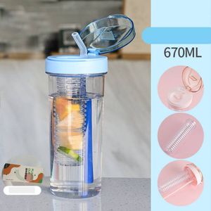 Nette Wasser Flasche Mit Stroh Deckel Wasser Flasche Obst Tee Gebaut-in Filter Tasse Tragbare Büro Drink outdoor Shaker mit Deckel, blau, 670ML