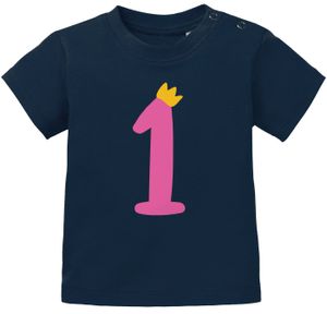 Baby T-Shirt 1. Geburtstag Zahl 1 mit Krone Geburtstagsshirt Aufdruck Alter kurzarm Baumwolle MoonWorks® dunkelblau-pink 80/86 (10-15 Monate)