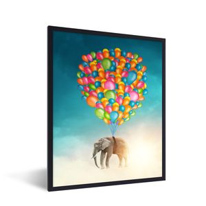 MuchoWow® Gerahmtes Poster Elefant - Luftballons - Farben 60x80 cm - Poster mit Schwarzem Bilderrahmen Wandposter Rahmen Foto Bilder - Premium - Wanddeko Wohnzimmer