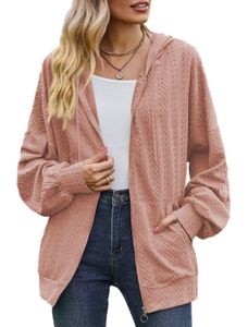 ASKSA Damen Kapuzenjacke Sweatshirt mit Reissverschlus Einfarbig Zip Hoodie Oversize Sweatjacke, Rosa, XL
