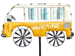 DanDiBo Záhradná zástrčka Kovový autobus Auto XL 160 cm Žltá biela 96104 Zvonkohra Vitajte Veterné koleso Odolné voči poveternostným vplyvom Záhradná dekorácia Záhradný personál Pozemná zástrčka Mini Van