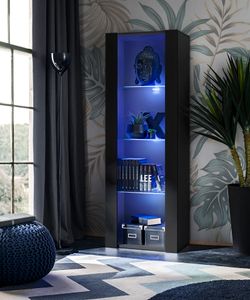 Komodee | Vitrine Schrank Tivoli mit 3 Regalböden, Korpus Schwarz Matt Frontfarbe Schwarz Matt, LED Blau