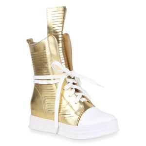 VAN HILL Damen Sneakerstiefel Keilabsatz Stiefel Sneaker Metallic 819333, Farbe: Gold, Größe: 39