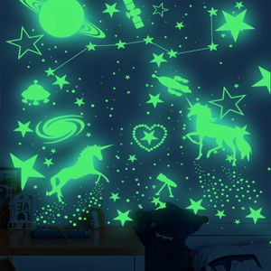898 Leuchtsterne Leuchtendes Einhorn Wandtattoo selbstklebend Kinderzimmer, Sternenhimmel Aufkleber, Rückstandslos zu entfernende Leuchtsticker, grünes Licht