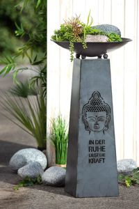 Säule Buddha mit Schale Metall grau (G67418) Schalenständer Dekoschale Garten Haus