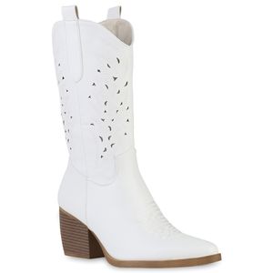 VAN HILL Damen Cowboystiefel Stiefel Spitze Cut-Outs Stickereien Schuhe 840144, Farbe: Weiß, Größe: 39