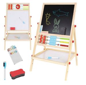KomfortHome Multifunkčná obojstranná drevená kresliaca tabuľa stojan na hry s úložnou policou a príslušenstvom