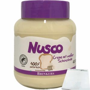 Nusco weiße Schokoladencreme Brotaufstrich mit 2,5% weißer Schokolade (400g Glas) + usy Block