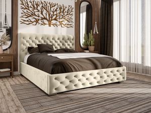 GRAINGOLD Glamour Bett 200x200 Marseille - Doppelbett mit Bettkasten und Lattenrost - Samtstoff, Verchromte Füße - Creme