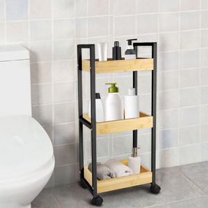 3 Etagen Bambus Rollwagen,Schmales Regal auf Rollen,Badezimmerwagen Nischenwagen Servierwagen für Bad Küche 20x30x80cm Schwarz