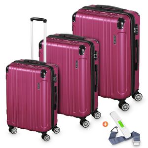 Hartschalenkoffer Kofferset 3 teilig mit TSA Zahlenschloss 4 Rollen ABS-Hartschale, Reisekoffer Trolley Rollkoffer Koffer - berry