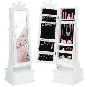 COSTWAY Dětská skříňka na šperky, sklápěcí zrcadlová skříňka se zrcadlem po celé délce, 2 nastavitelnými úhly sklonu a 3 zásuvkami (bílá)
