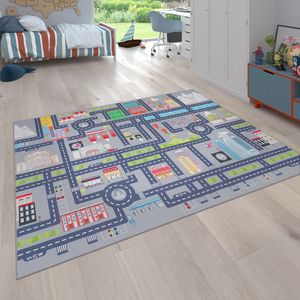 Spielteppich Kinderteppich Kinderzimmer Straßenteppich Auto Straßen Motiv, Grau, Grösse:200 cm Quadrat