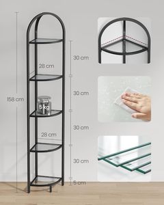 VASAGLE 5 Level Eckregal, Bücherregal, Pflanzenregal, Badezimmerregal, gehärtetes Glas, Metallrahmen, moderner Stil, für Wohnzimmer, Küche,
