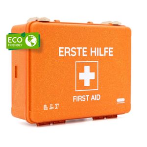 Betriebs Verbandskasten DIN 13157, Erste Hilfe Behälter mit Wandhalterung,  grün, orange, schwarz