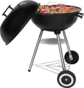 Sunjas Holzkohlegrill Kugelgrill Rundgrill CA-20 Deckel Grill Rädern und Griff Schwarzer emaillierter Standgrill für BBQ Camping Garten Balkon