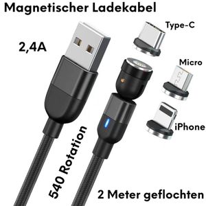 Magnetisches LED Ladekabel 2.4A 2 Meter 3in1 USB-Micro /Type C/Lightning für alle Handy Modelle geeignet 360°&180°Ladekabel Datenkabel Kabel Schwarz
