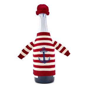 NKlaus 18cm Flaschenpulli mit Mütze 100% Baumwolle beige rote Streifen Flaschenkühler Geschenk Maritim 11529