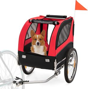 GOPLUS Haustieranhänger, Atmungsaktiver Hundewagen mit 3 Eingängen, Sicherheitsfahne, Reflektoren, Transportbox mit Schnellspannrädern, Universal-Fahrradkupplung, für mittelgroße Hunde & Haustiere, Rot