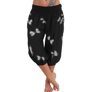 Damen Mittlere Taille Caprihosen Sommer Strandhose Schmetterlings-Print Loungewear,Farbe:Schwarz,Größe:XXL