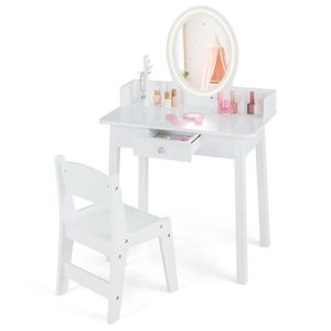 COSTWAY 2 v 1 dětský kosmetický stolek se stoličkou, toaletní stolek s osvětleným zrcadlem, zásuvkou a organizérem na šperky, dřevěný kosmetický stolek princezna pro děti dívky, bílý