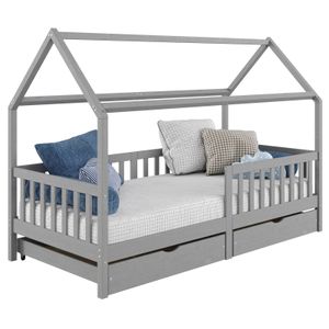 Hausbett NUNA aus massiver Kiefer, Montessori Bett in 90 x 200 cm mit Rausfallschutz, Spielbett mit Schubladen, modernes Kinderbett mit Dach in grau