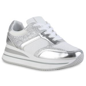 VAN HILL Damen Plateau Sneaker Metallic Schnürer Glitzer Profil-Sohle Schuh 840910, Farbe: Weiß Silber Metallic, Größe: 37