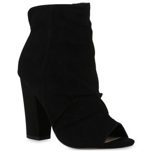 VAN HILL Damen Peeptoes Stiefeletten Blockabsatz Absatz-Schuhe 840710, Farbe: Schwarz, Größe: 38