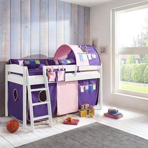 Halbhohes Kinderbett VIBORG-13 90x200 cm Buche massiv weiß lackiert, mit Textilset rosa/violett-Kleider