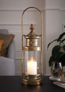 Laterne "Gold" aus Metall & Glas, 54 cm hoch, mit antiker Patina, Windlicht, Hängelaterne, Kerzenhalter, Gartenlaterne