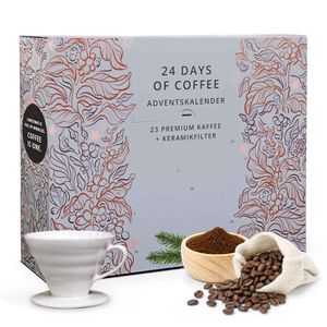 Kaffee Adventskalender "Filterkaffee" inkl. Keramik-Handfilter, 24 verschiedene Kaffee-Spezialitäten aus der ganzen Welt (gemahlen)