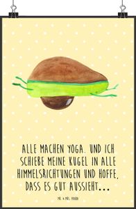 Mr. & Mrs. Panda Poster Avocado Yoga DIN A2 - Gelb Pastell - Geschenk, Hilfe, Küchenposter, Handgemaltes Poster, Gesund, Avocado Yoga Vegan, Designposter, Wanddeko, Vegan