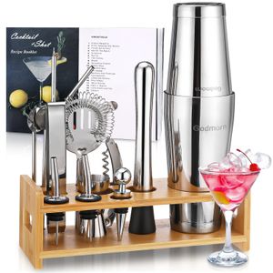 Godmorn 16-teiliges Cocktail Shaker Set mit Bambusständer, 750ml Edelstahl-Barkeeper-Set für Mixgetränke, Geschenk für Freunde, Männer, Frauen, mit Rezeptheft