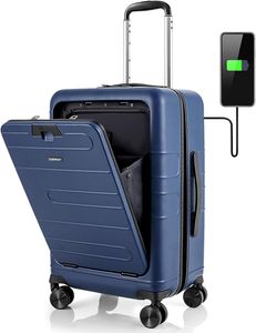 COSTWAY 20" příruční zavazadlo se skládací deskou, cestovní kufr o objemu 38 l s přední kapsou, přihrádkou na notebook, portem USB a zámkem TSA, modrá barva