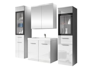 MIRJAN24 Badmöbel-Set Madrit II, Badezimmer-Set mit Spiegel und Waschbecken (Farbe: Weiß / Weiß Hochglanz, mit Siphon, ohne Beleuchtung)