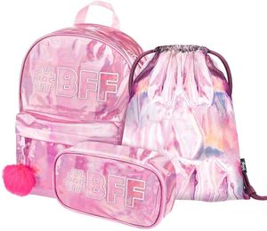 Baagl Holo Schulrucksack Set Mädchen 3 Teilig, Glitzer Schultasche ab 3. Klasse, Grundschule Ranzen mit Brustgurt, Ergonomischer Schulranzen (Fun #BFF)
