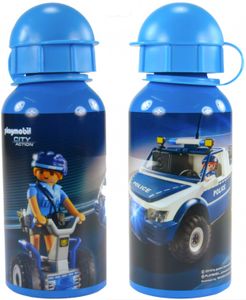PLAYMOBIL Trinkflasche für Kinder - City Action Polizei Flasche Wasserflasche aus Aluminium 400 ml Blau