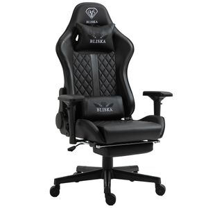 Gaming Stuhl Chair Racing mit Fußstütze und ergonomsichen 4D-Armlehnen, Farbe:Schwarz