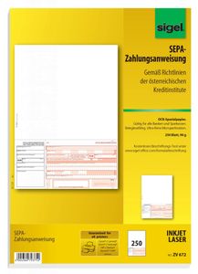 SIGEL ZV672 PC-SEPA-Zahlungsanweisung Österreich, A4, OCR-Spezialpapier, beleglesefähig, MP, 250 BL